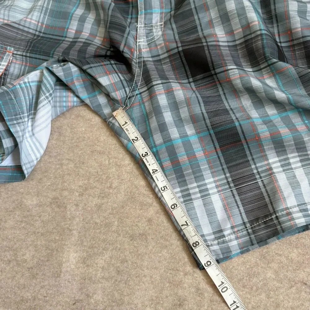 Tommy Bahama swim trunks mens L gray green plaid drawstring pocket lined beach